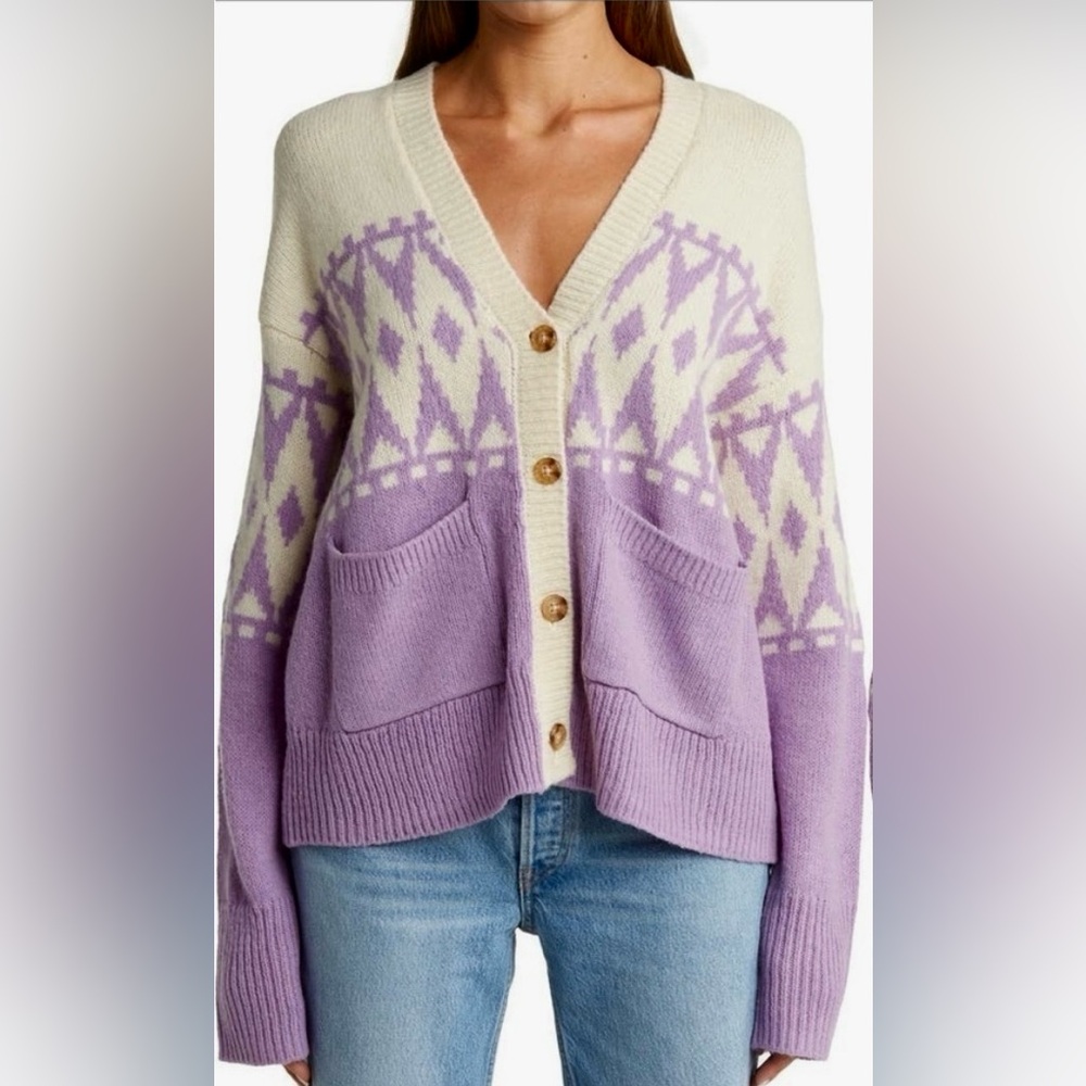 Derek Lam 10 Crosby Lavender and Cream V-Neck Cardigan, Med.